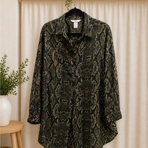 Snake Print Button-Up Shirt - Olive Black